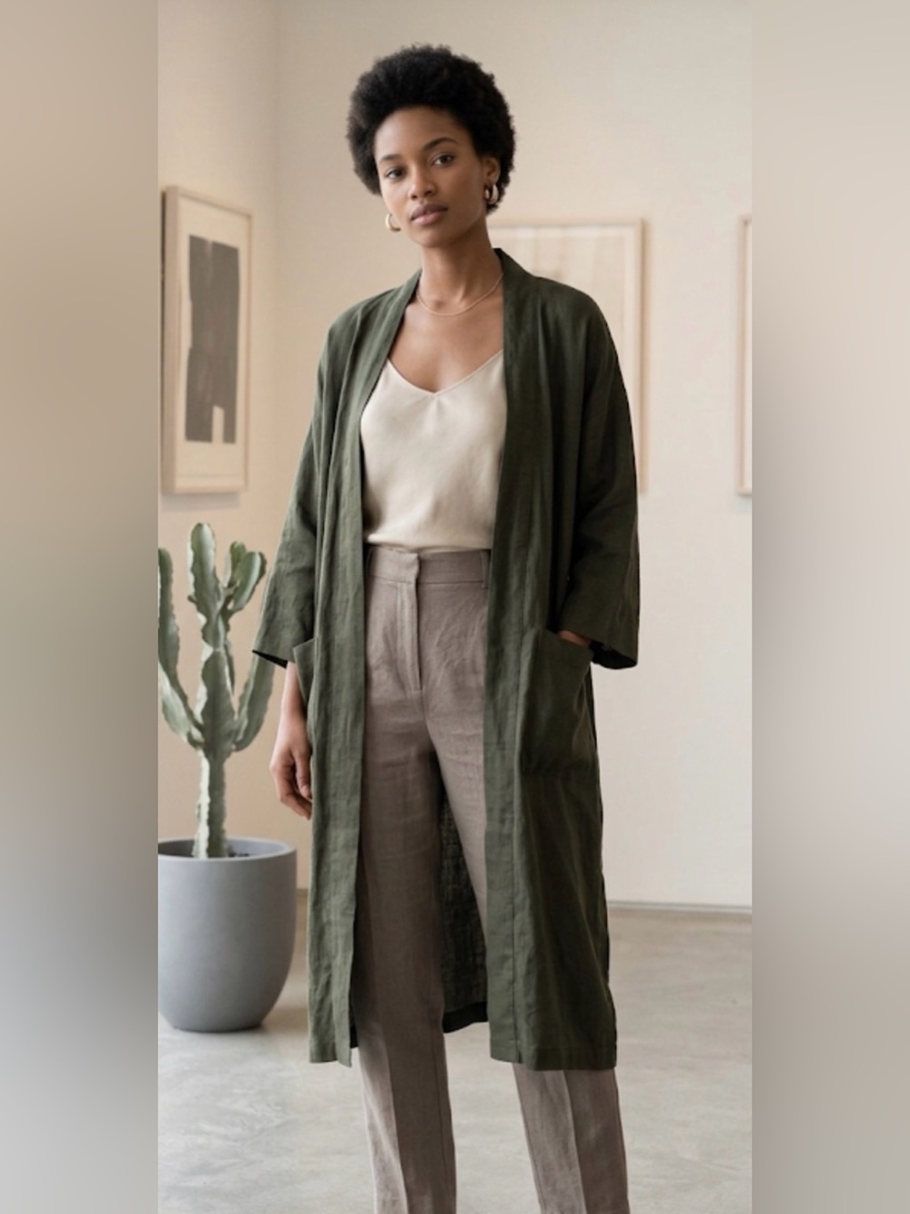 Eileen Fisher Organic Linen High Collar Long Jacket no Belt M Saeweed kimono